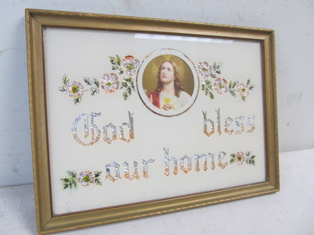 lot 81 image: Antique Framed GOD BLESS OUR HOME Reverse Painted Foil Picture
