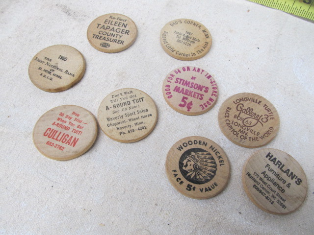 lot 118 image: Lot of Vintage Advertising Wooden Nickels