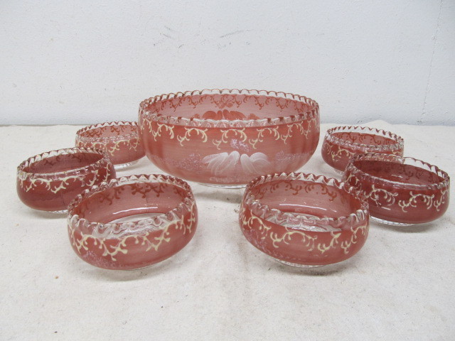 lot 167 image: Antique Hand Painted Glass Bowl Set