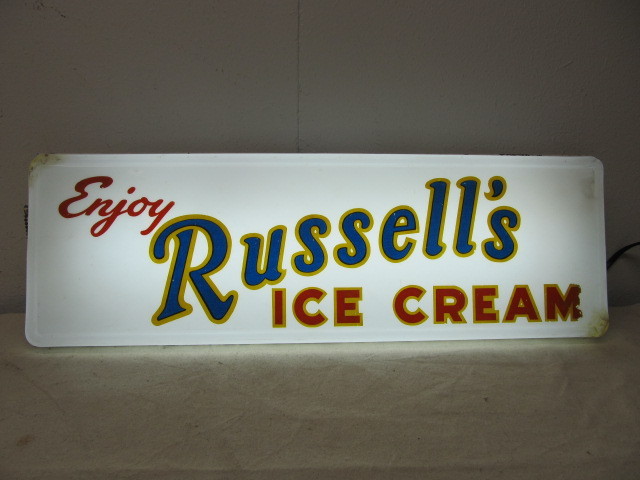 lot 186 image: Original Vintage RUSSELLS ICE CREAM Lighted Advertising Sign