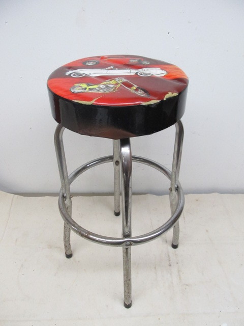 lot 190 image: Chrome Shop Stool wCar & Motorcycle Graphics