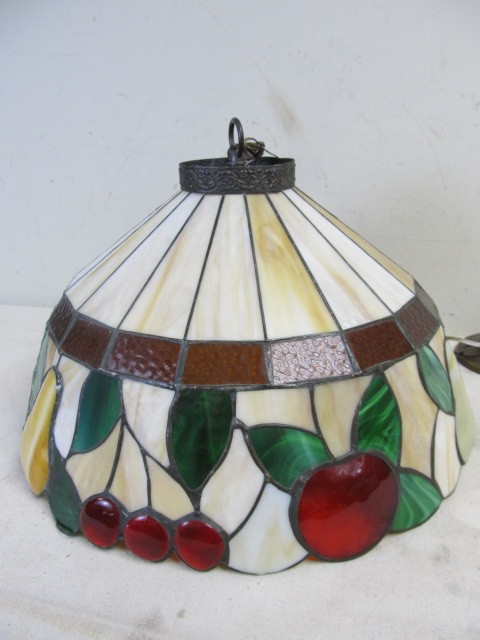 lot 92 image: Slag Glass Hanging Fruit Motif Parlor Lamp