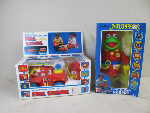 lot 100 image: NIB Vintage Fire Truck & Kermit the Frog Fireman Toys
