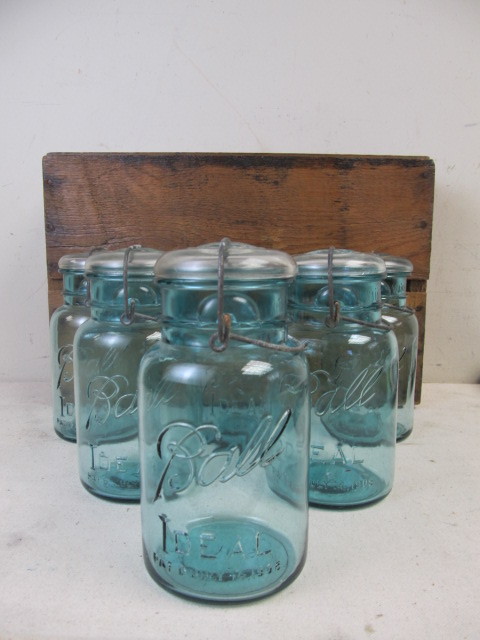 lot 204 image: Antique 1 Quart Blue Glass Bail-Lidded Ball Jars wWooden Crate