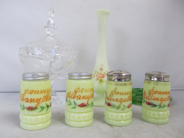 lot 210 image: Vintage Custard Glass Salt & Pepper Shakers Fenton Vase etc