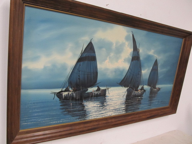 lot 142 image: HUGE signed Mid Century Sailboat Oil On Canvas Painting