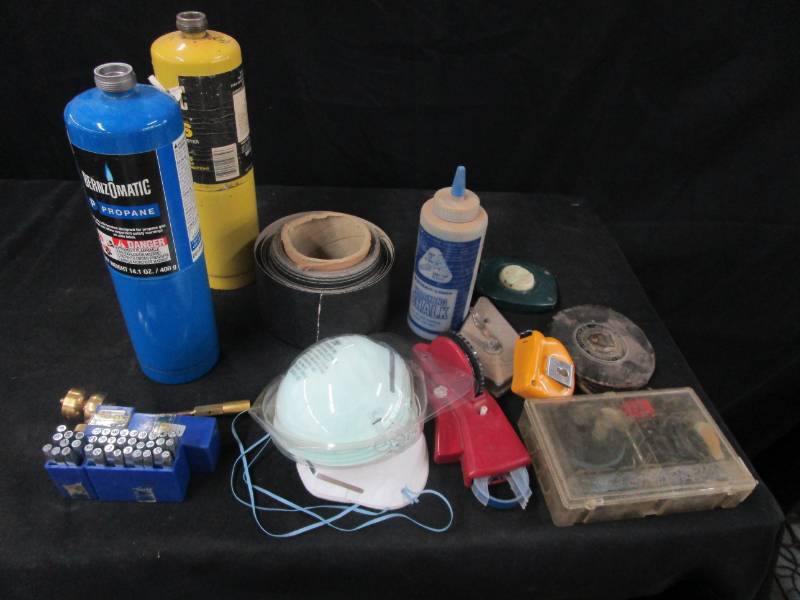 lot 38 image: Letter and number punches, masks, chalk and chalk lines, tape measure, o rings and sand paper propane and Mapp gas