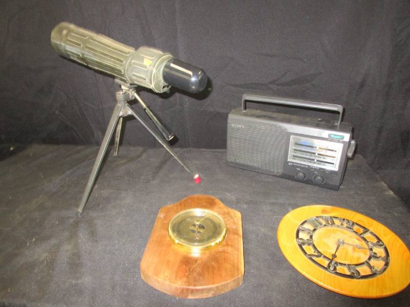 lot 40 image: Very Nice Tasco 34T 25x50 Spotting Scope, Clock, Berometer and radio