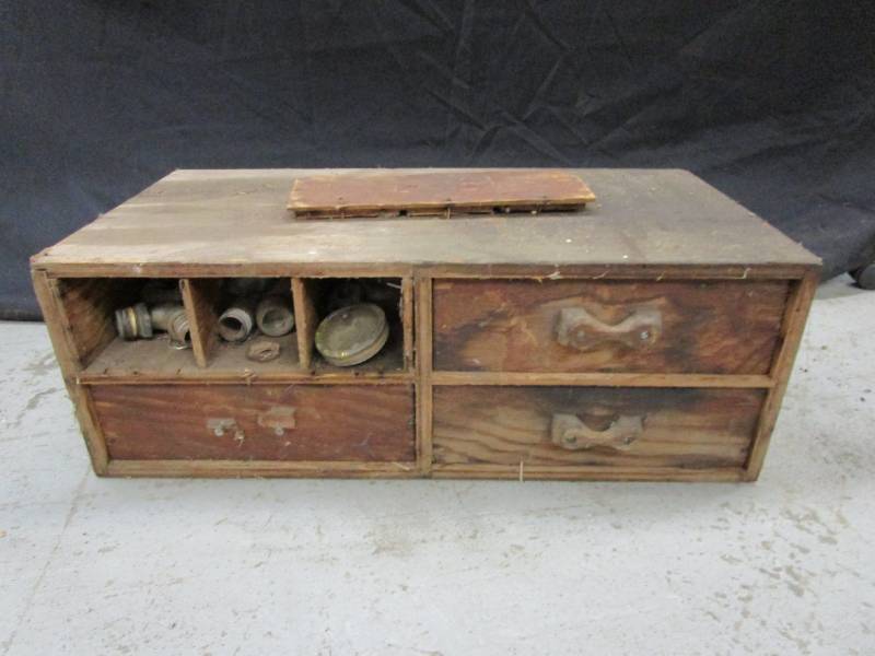 lot 84 image: Old wooden box with drawers and misc hardware 23x12x8
