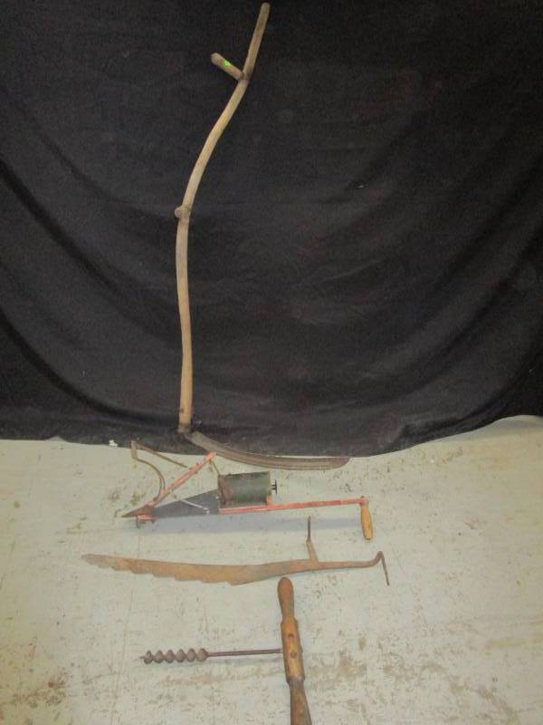 lot 100 image: Corn planter, Scythe, hay knife and hand drill