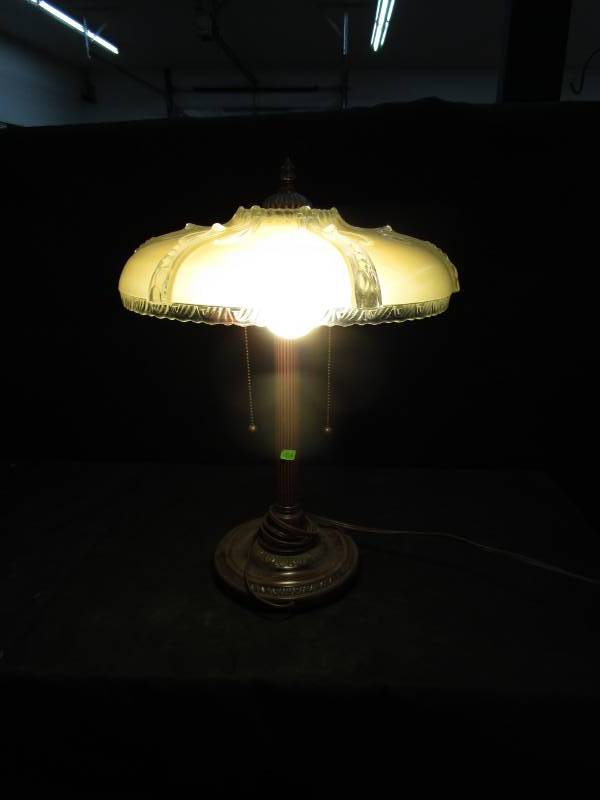 lot 108 image: Lamp with large glass shade and two bulbs