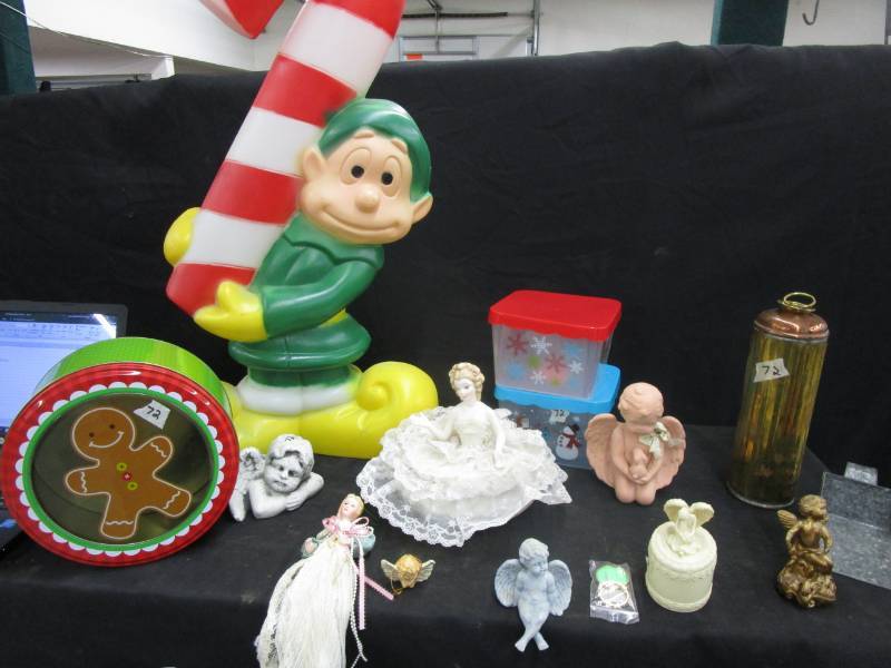 lot 116 image: Christmas Elf, serving ware, various cherubs and blue icicle lights,
