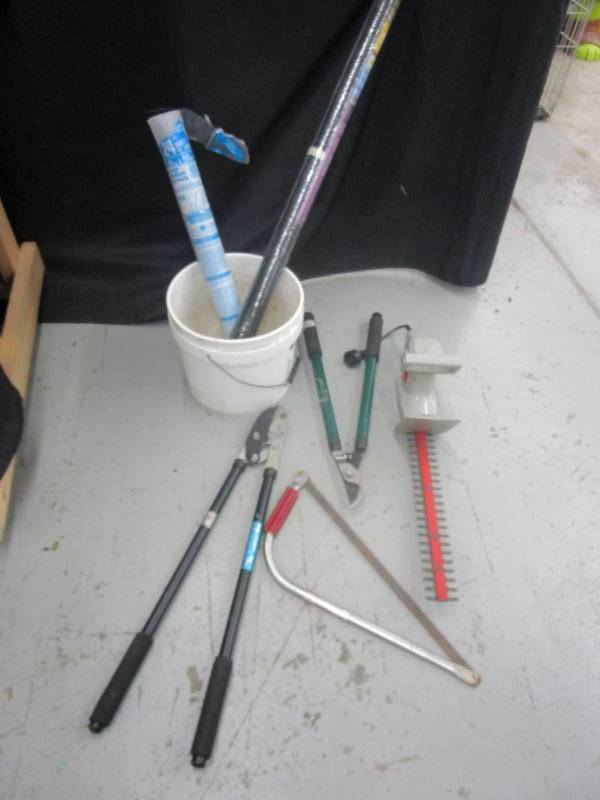 lot 138 image: Pruning sheers, hand saw, corded hedge clippers, plastic mesh netting, window screen