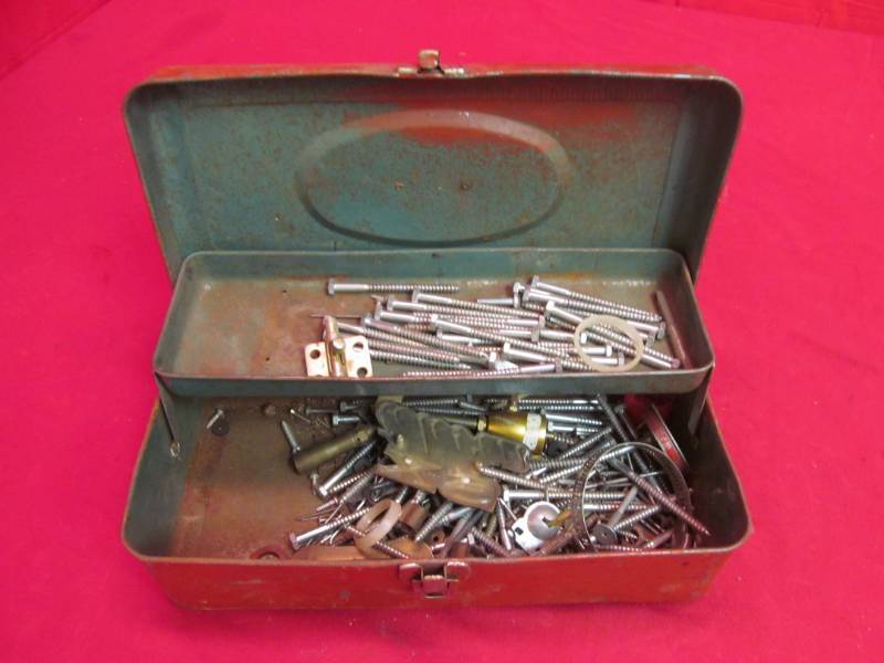 lot 30 image: vintage  metal tackle box, fasteners
