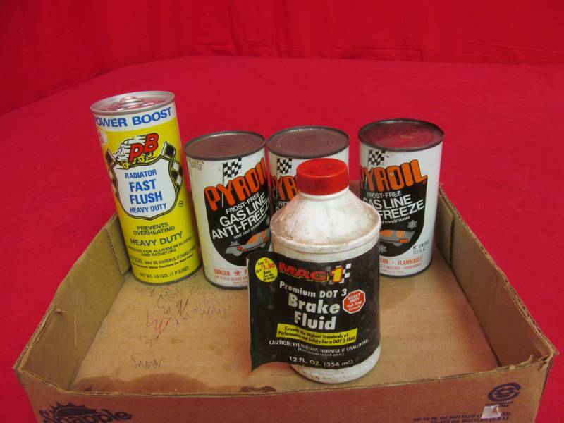 lot 51 image: Power boost, Pyroil Gasoline antifreeze, brake fluid