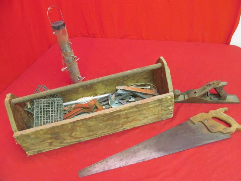lot 112 image: vintage wood tool box, with saw, planter and bird feeder