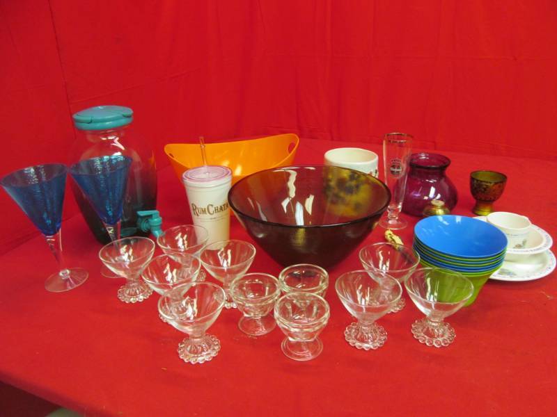 lot 113 image: group of dishes, stem glasses, bowls, water fountain