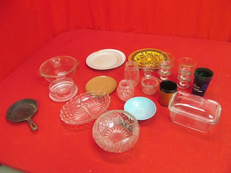 lot 114 image: group of dishes, casseroles, serving platter, stem glasses