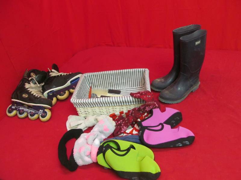 lot 126 image: Wicker basket, neoprene socks, Lacross size 7 boots, size 8 rollerblades