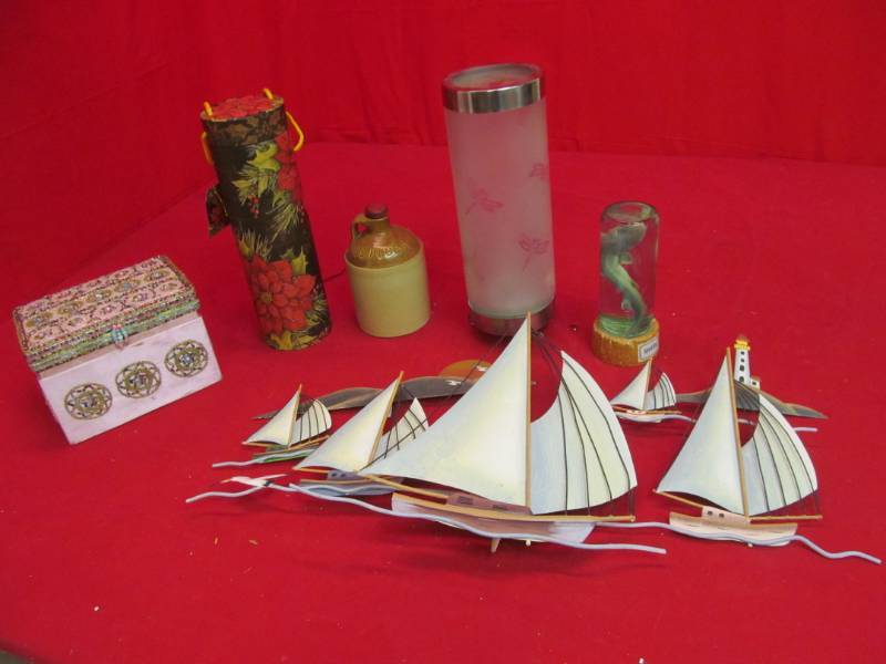 lot 154 image: Shark figurine, sailboat picture, jewelry box, dragon fly light