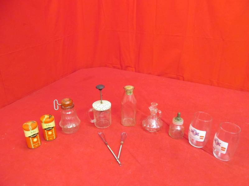 lot 190 image: antique spice containers, nut chopper, milk bottles, vintage kitchen grinder, Vikings glasses
