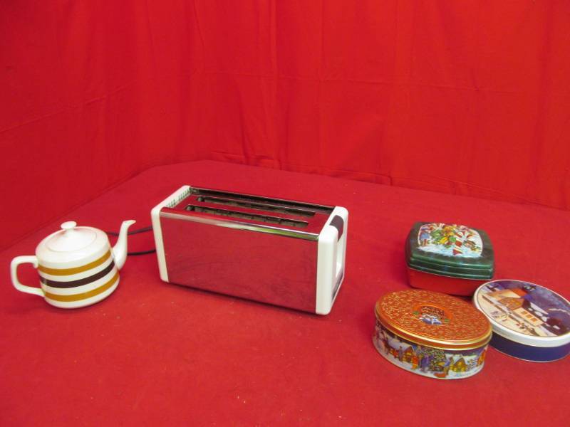 lot 207 image: Toastmaster cool steel wide slot toaster, 3 cookie tins, coffee pot