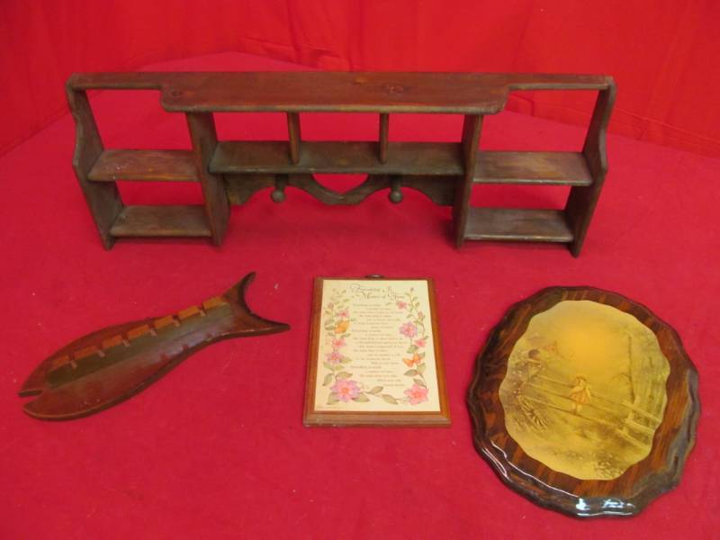 lot 208 image: Wooden shelf, fish shelf, 2 vintage pictures