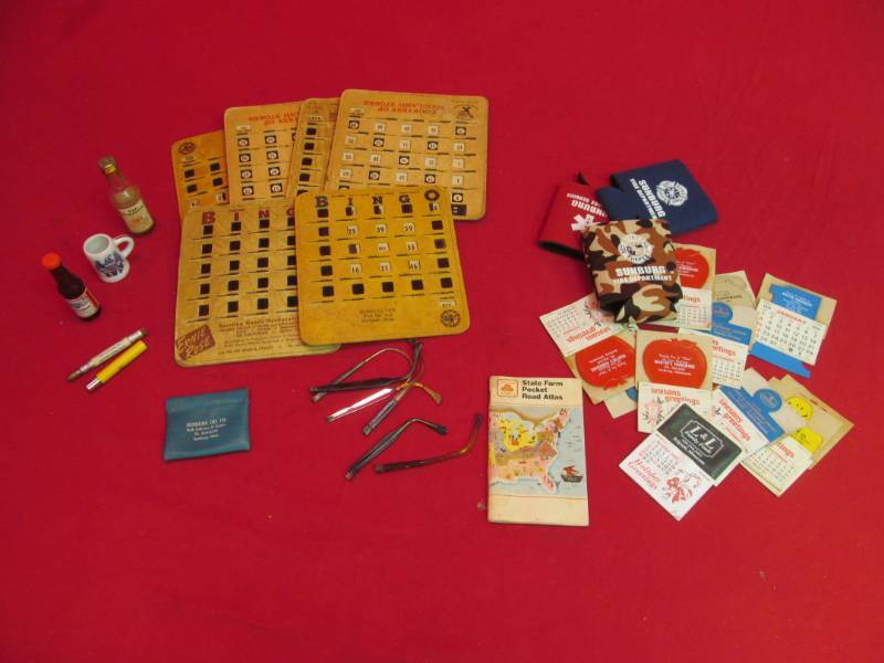 lot 210 image: Variety of vintage advertising, bingo cards, can koozies