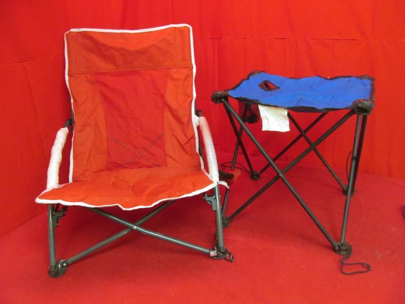 lot 220 image: Folding camp table, low profile chair