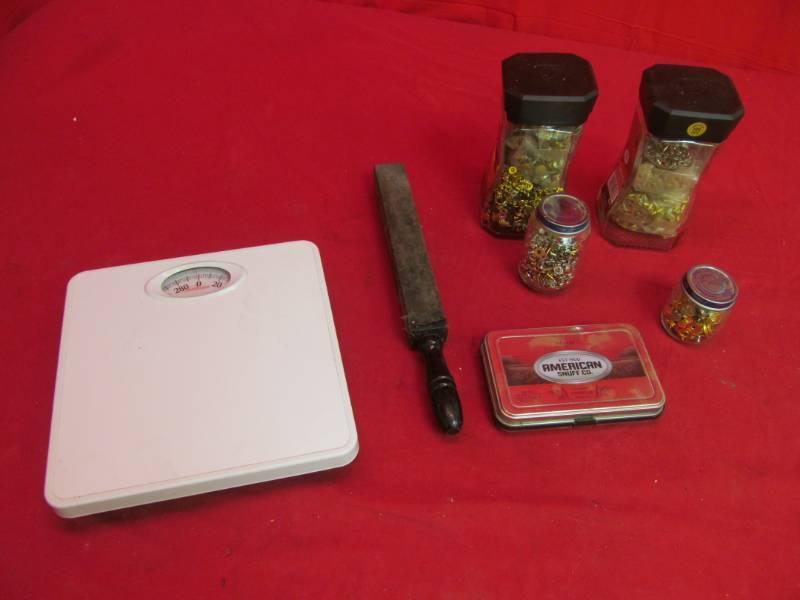 lot 253 image: Sunbeam bathroom scale, American Snuff can, Rivets (various sizes)