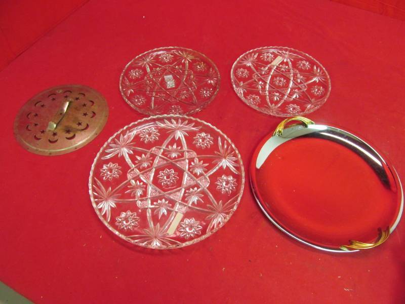 lot 254 image: 3 Crystal platters, silver platter, metal lid with moons and stars