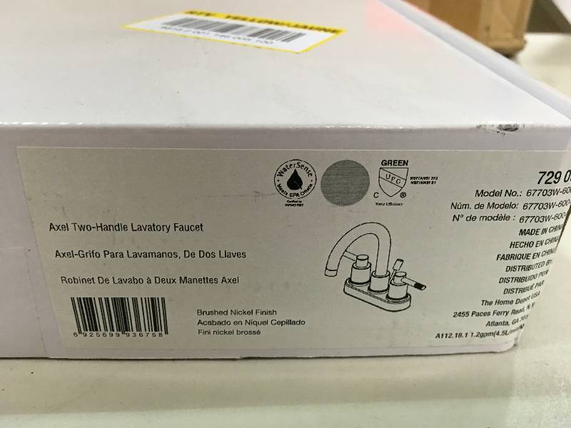 lot 6 image: PEGASUS AXEL 2 HANDLE CENTERSET BATHROOM FAUCET BRUSHED NICKEL 67703W-6004 not used