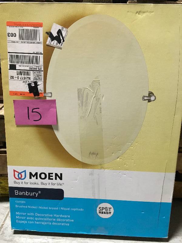 lot 15 image: MOEN Banbury 26 in. x 23 in. Frameless Pivoting Wall Mirror in Brushed Nickel in good conditions