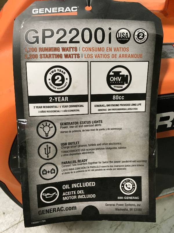 lot 22 image: GENERAC GP2200i - 2200-Watt Gasoline Powered Recoil Started Residential Portable Inverter Generator