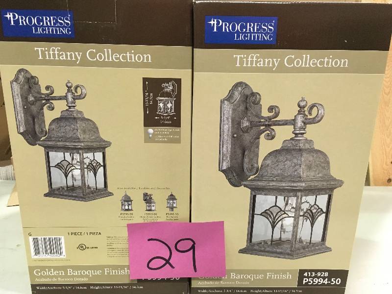 lot 29 image: Progress Lighting Tiffany 1-Light Golden Baroque Outdoor Wall Lantern P5994-50 LOT OF  2 New