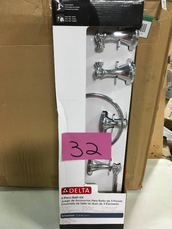 lot 32 image: DELTA Silverton 3-Piece Bath Hardware Set in Chrome with Towel Ring Toilet Paper Holder and 24 in. Towel Bar not used