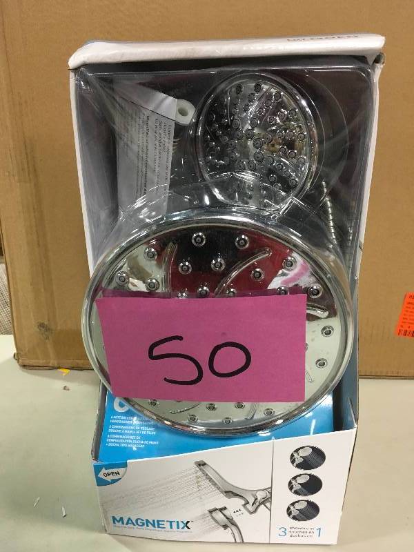 lot 50 image: Moen 26008 Magnetix HandheldRain Shower Head 2-in-1 Combo Featuring Magnetic Holder Technology - Chrome open box