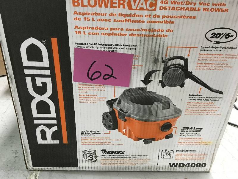 lot 62 image: Ridgid WD4080 4 gal. 6.0-Peak HP Wet Dry Vacuum with Detachable Blower in working conditions