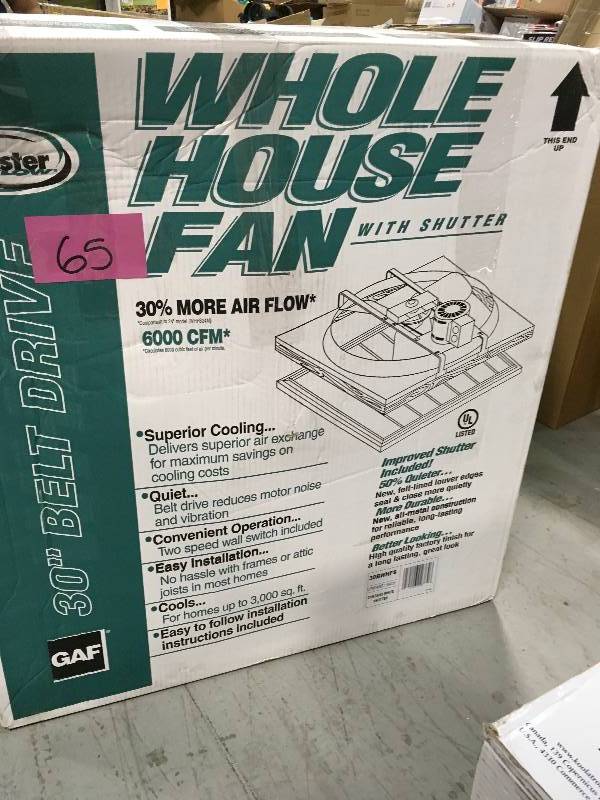 lot 65 image: Master Flow 30BWHFS Belt Drive Whole House Fan, 6000 cfm, not used