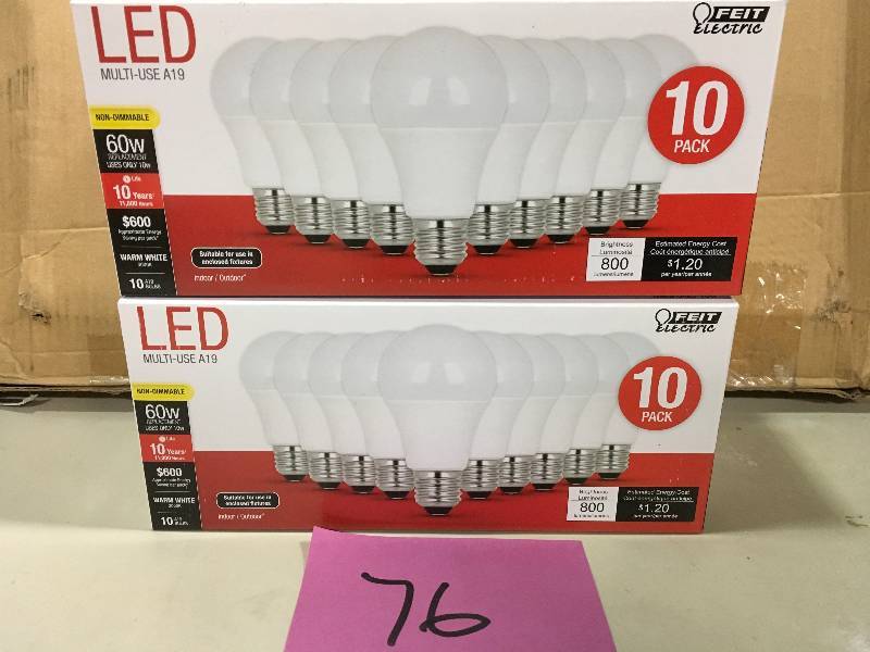 lot 76 image: 60W Equivalent Warm White A19 LED Light Bulb (10-Pack)  LOT OF 2 New
