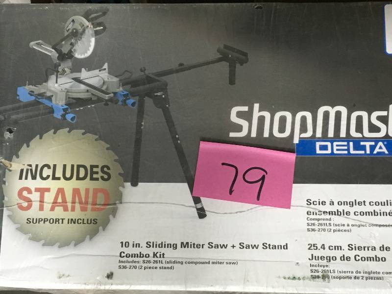 lot 79 image: DELTA SM 10-in 15-Amp Single Bevel Sliding Laser Compound Miter Saw in working conditions