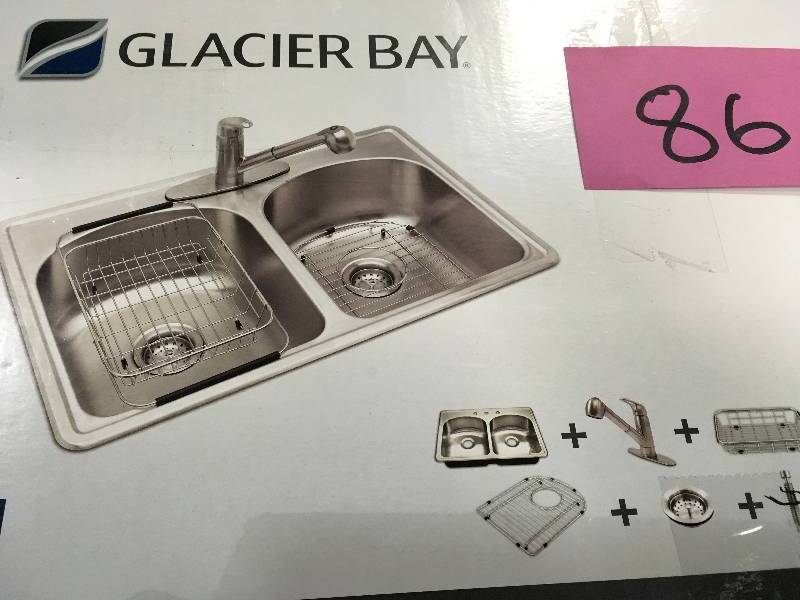 lot 86 image: Glacier Bay All-in-One Drop-In Stainless Steel 33 in. 3-Hole Double Bowl Kitchen Sink in good conditions