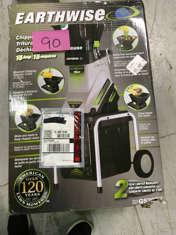 lot 90 image: EARTWISE 1.25 in. 15 Amp Electric Corded Chipper Shredder in good conditions