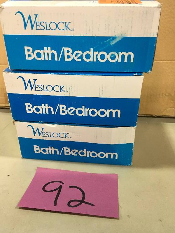 lot 92 image: WESLOCK Elegance Satin Nickel Premiere Privacy BedBath Impresa Door Knob  LOT OF 3 not used
