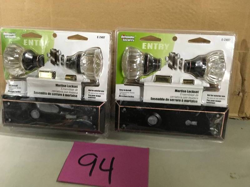 lot 94 image: LOT OF 2 DEFENDER SECURITY Classic Bronze Mortise Lock Set with Glass Knobs New