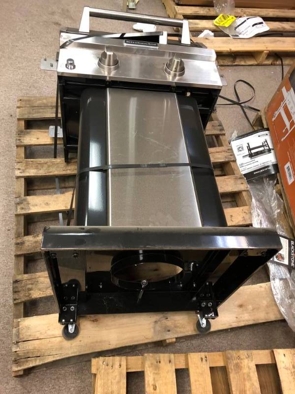 lot 103 image: KitchenAid 2-Burner Propane Gas Grill in Black with Grill Cover not used missing one wheel and have small scratch