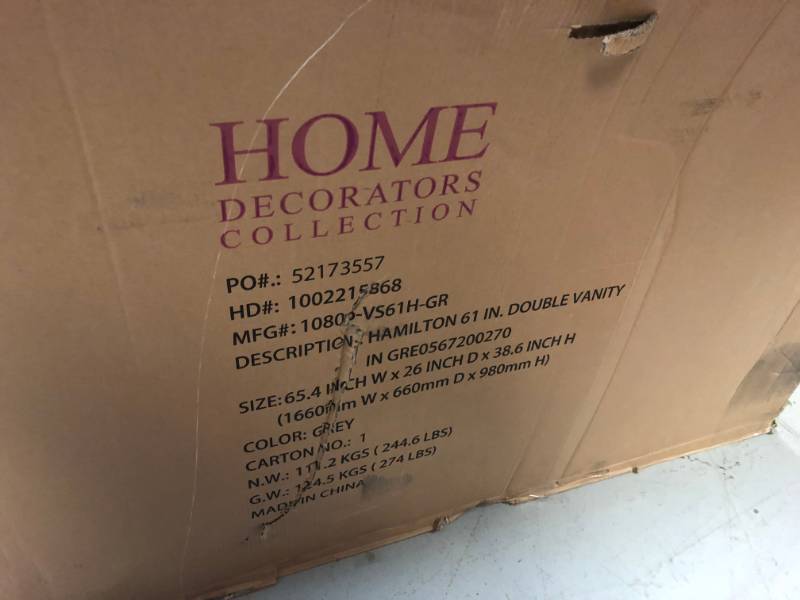 Home Decorators Collection Hamilton 61 in. W x 22 in. D Double Bath Vanity in Grey with Granite Vanity Top in Grey with White Basin not used