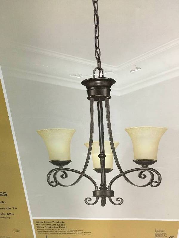 lot 38 image: Hampton Bay Essex 3-Light Aged Black Chandelier with Tea Stained Glass Shades not used