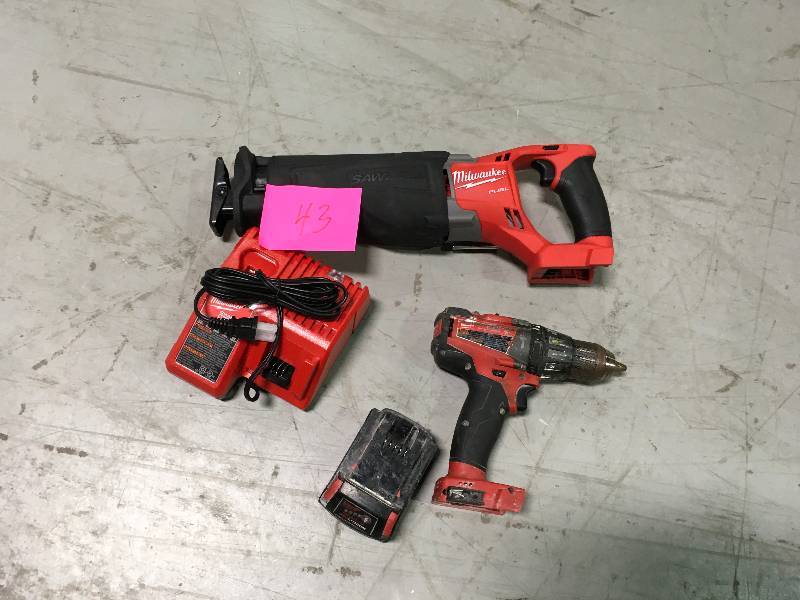 lot 43 image: Milwaukee 2897-23 Fuel M18 Hammer Drill Impact Driver & Sawzall whit 0ne battery  Used in good working cond.