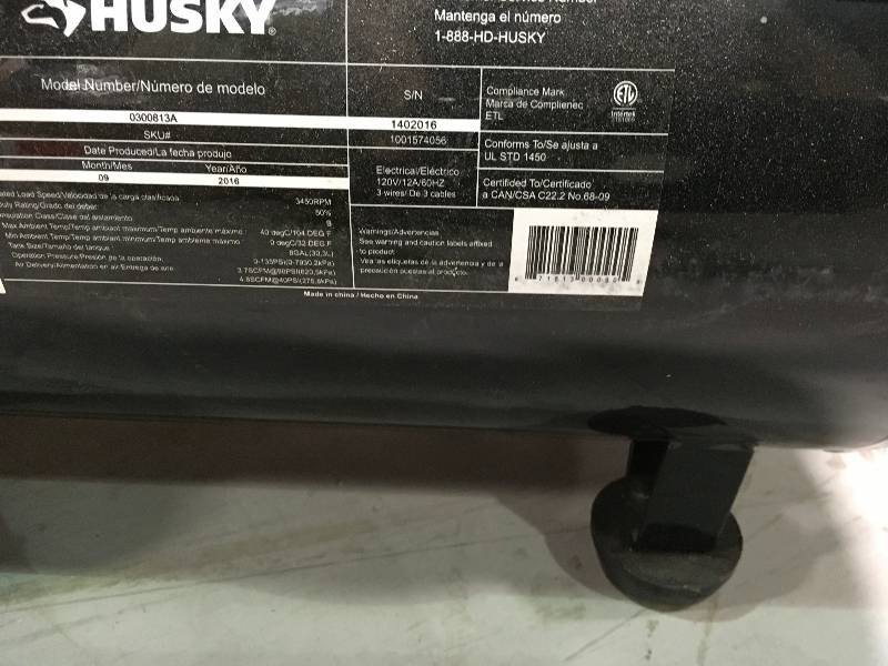 lot 52 image: Husky 8 Gal. Portable Oil Free Electric Air Compressor Used in good working cond.